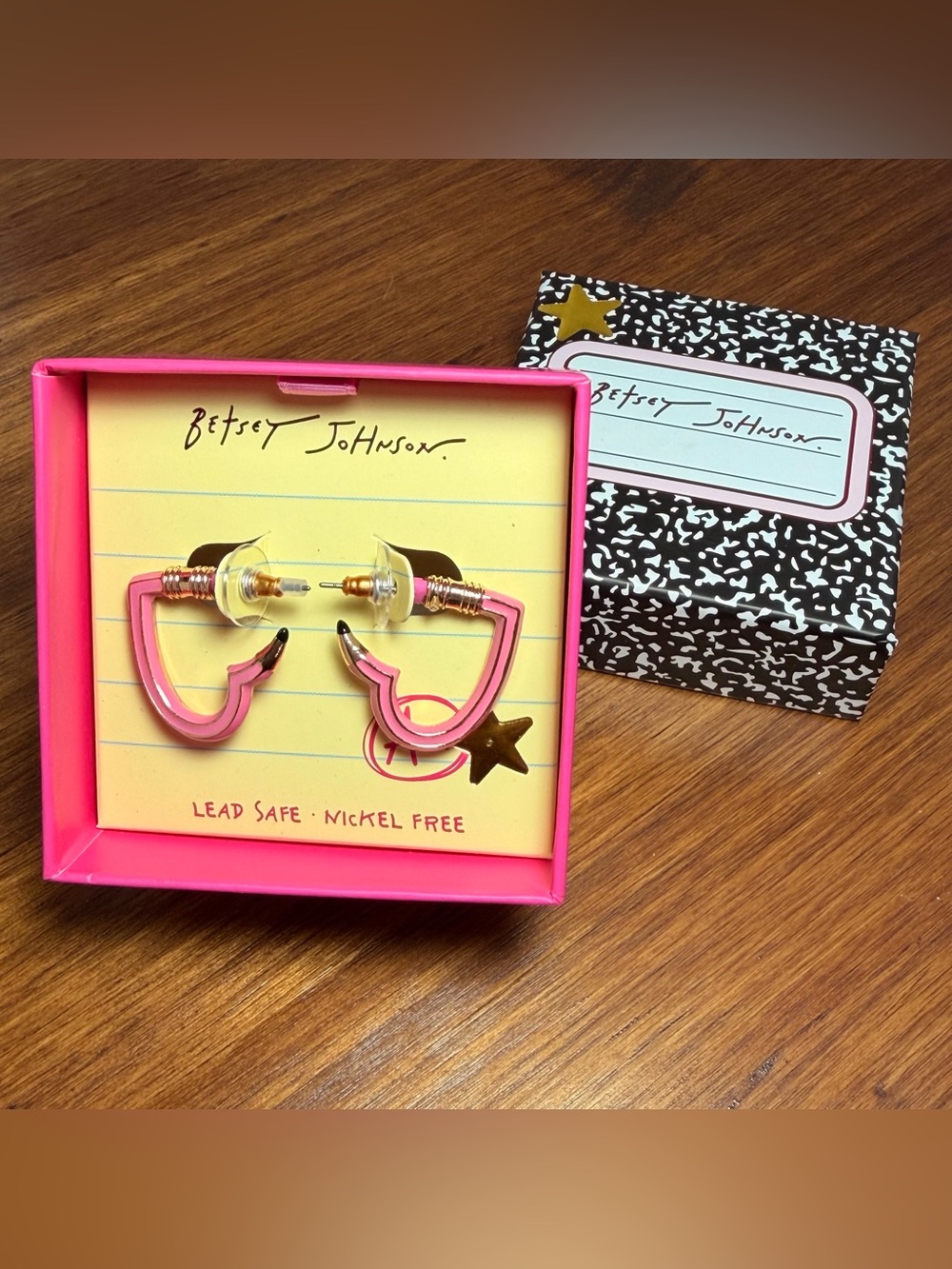 NWT Betsey Johnson Hot Pink Heart Pencil Hoop Earrings